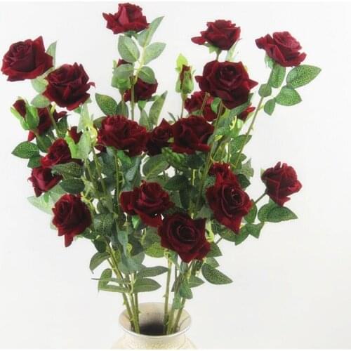 5pcs Artificial Long stem Curling Rose 5 Heads velvet Roses Simulated Flowers Red/Pink/Cream/Burgundy Color Flowers