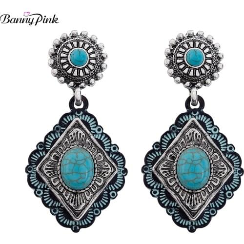 Banny Pink Bohemia Turquoises Earrings Indian Stone Statement Stud Earrings Gypsy Women Geo Earrings Gift Tribal Metal Earrings