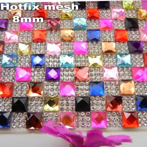 Shinning 8mm square Glass hotfix hot fix Iron On glue on applique Banding Mesh rhinestone sheet Wedding Dresses shoes Decorative