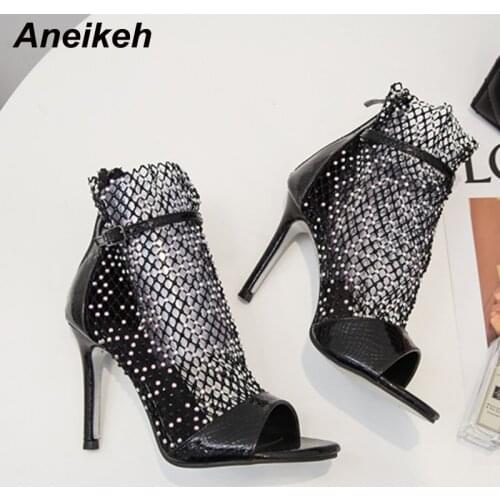 Aneikeh NEW Fashion DIAMANTE FISHNET HEELS Sandals Ankle Boots High Heels Women Autumn Sexy Chelsea Booties Peep Toe Party Pumps