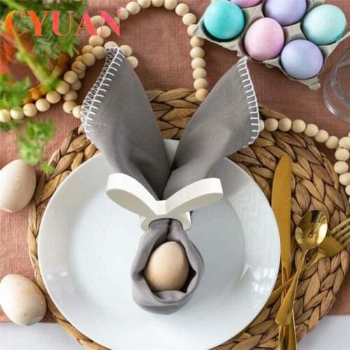 CYUAN 1/4pcs Easter Bunny Napkin Ring Holders Easter Table Decoration for Home Wooden Rabbit Ear Tissue Ring Happy Easter Party