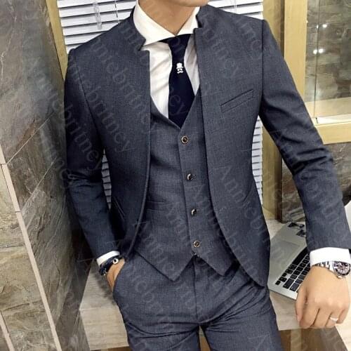 New Formal Gray Men Business Suits 3 Pieces Custome Slim Fit Groom Wedding Suit Dinner Dress Tuxedo Suit Jacket Vest with Pants