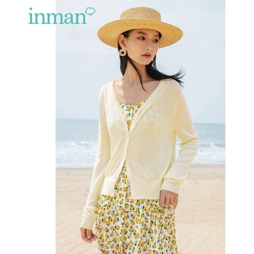 INMAN Summer Womens Cardigan Sweet Elegant Style V-Neck Jacquard Edge Long Sleeve Knit Top Ribbed Air-Conditioned Knitted Shirt