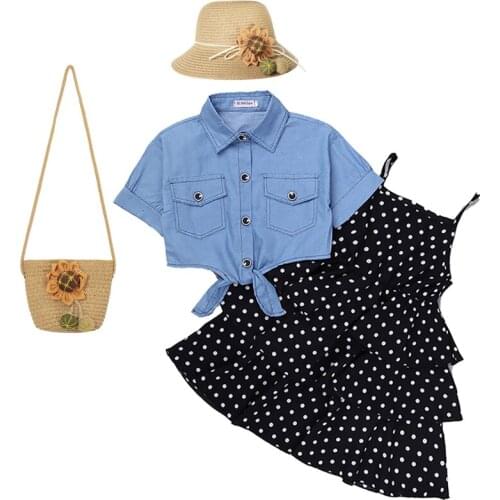Girls Spring Summer Layered Dress Suit Suspender Polka Dot Skirt+Denim Short Sleeve Top 2PCS Children Clothing