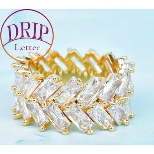 Iced Baguette Mens Ring 2 Row Gold Color Copper Charms Hip Hop For Zircon Rock Jewelry