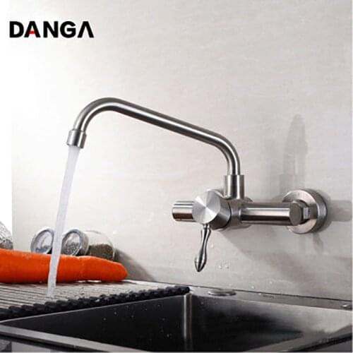 Wall-mounted Kitchen Faucet Sink Tap Single Pipe Double Hole Faucet 304 Stainless Steel Faucet Rotatable Water Faucet Water Tap