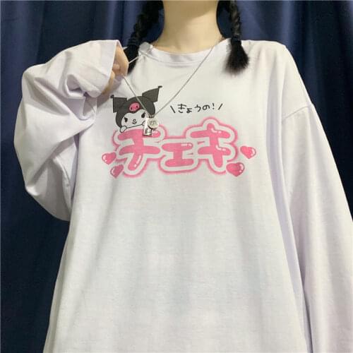 Harajuku Style Autumn New Cartoon Printing Japanese Loose Ins Women Long-sleeved White T-shirt Female Student Korean Top Tees