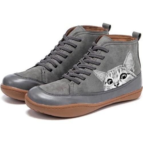 2020 new color print cartoon cat boots lace-up casual flat shoes comfortable single shoes retro large size nude boots warm lad