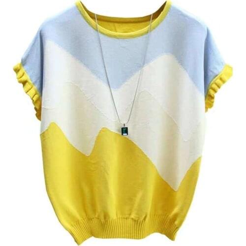 New Ice Silk Short-sleeved Women T-shirt Female Korean Style Slim Thin Summer 3 Color Stitching Striped Knit Tops 40-53kg Wear