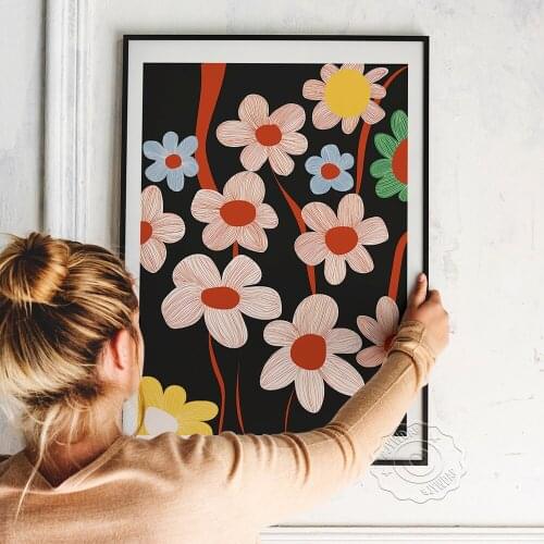 The Garden January 2020 Poster, Black Background Red Blue Green Flowers Canvas Painting, Vintage Plant Wall Picture Home Decor