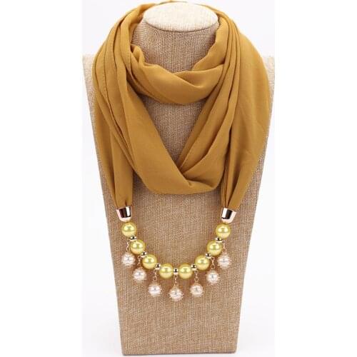 Plain Chiffon Necklace Scarf Female Fashion Beads Scarf Wraps Muslim Headscarf Hijabs Sunscreen Jewelry Pendants Necklaces Scarf