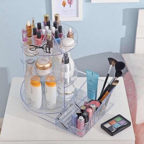 Clear/Black Makeup Organizer Adjustable Cosmetic Storage Shelf Lipstick Holder 360 Degree Rotating Organizer Makeup Brush Rack