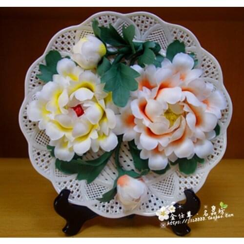 Crafts decor hand wedding cutting dies home 10 inch peony ceramic hanging plate, special woven Dehua dish, handmade kneading dis