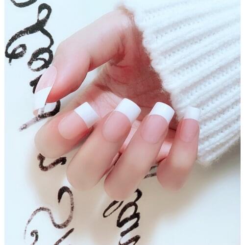 24Pcs Detachable French Fake Nails Black/White Square Wearable False Nails Women Fashion Full Cover Nail Art Tips With Glue