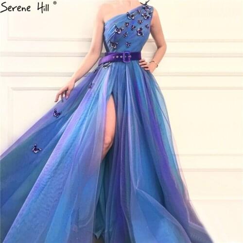 Blue Handmade Butterfly Sashes A-Line Evening Dresses 2020 One Shoulder Sexy Tulle Formal Dress Long Serene Hill LA70133