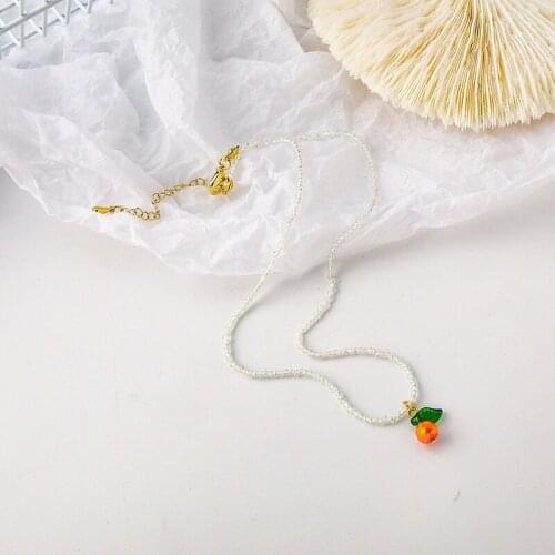 U-Magical Korean Crystal Apple Pendant Necklace for Women Summer Sweet Beaded Green Leaf Gold Metal Chain Necklace Jewellery