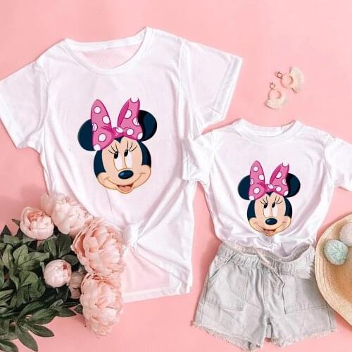 Minnie Mouse Women tshirts Casual Funny T Shirt For Children Baby Girl Disney Top Tee Hipster Family Matching Clothes