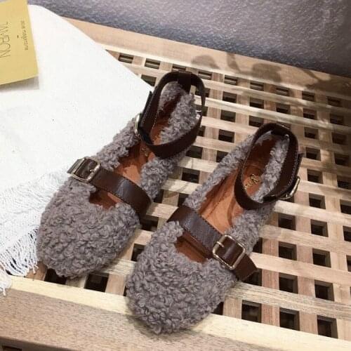 Fur Shoes Women Slippers Bow Buckled Lamb Hair Ballet Shoes Woman Casual Flats 2019 Fall Winter Women Warm Leather Loafers R3-79