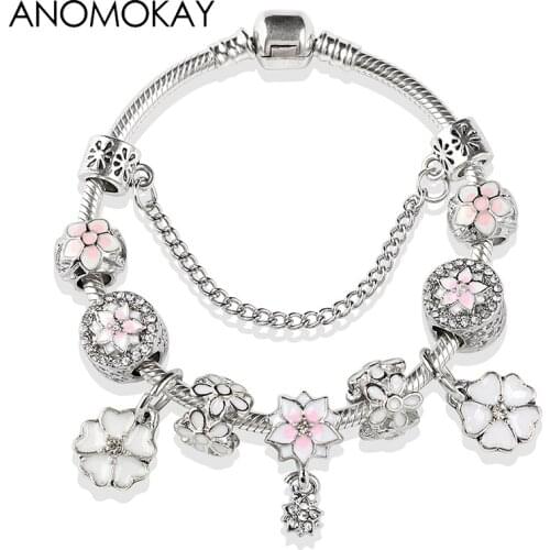 White & Pink Cherry Blossoms Enamel Charm Bracelets Flower Bead Bracelet for Women Diy Jewelry Making Pulseira Feminina