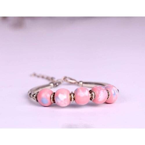 12 Pieces/Lot Charms Bracelet For Women Ceramic Beaded Bracelets Ethnic Silver Color Chain Beads Cute Bangle Statement Jewelry