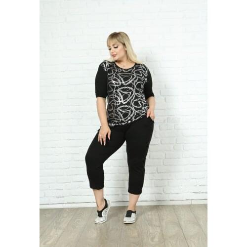 Diaves Plus Size Women Summer Fashion Two Pieces Chain Pattern Printed Causal Viscon Capri Pants Short Sleeve Blouses Sets