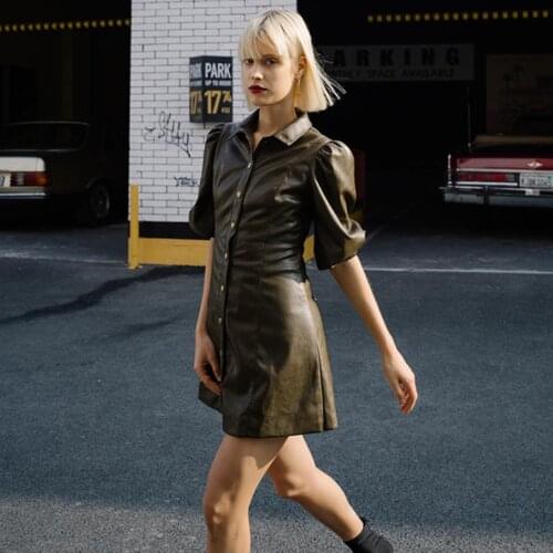 PU Leather Dress For Women Lapel Collar Puff Sleeve High Waist Mini Dresses Female 2020 Autumn Big Size Fashion New