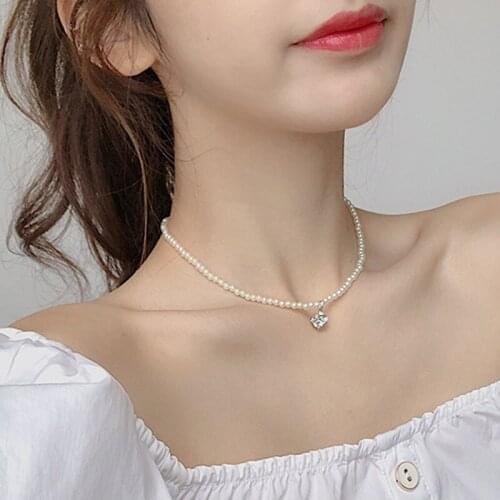 Chic Temperament Imitation Pearl Choker Crystal Rhinestone Pendant Necklace Women Geometric Clavicle Necklace Jewelry YN1705