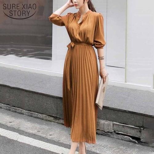 Pleated Single-breasted Korean Style Chiffon Dress For Women 2021 Spring Slim Waist Tie Ladies Long Sleeve Pleated Dress 12537