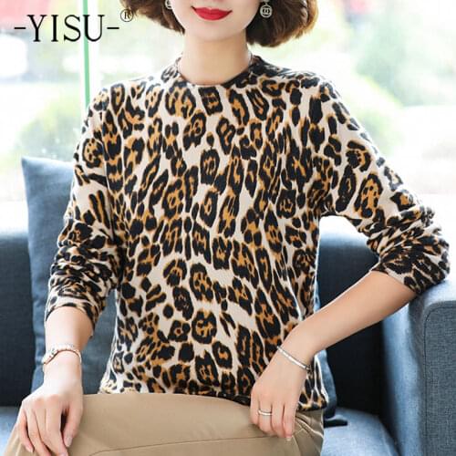 YISU 2021 Spring Autumn Womens Sweater Half high collar Loose tops Leoparded Long sleeve Female Knitted Pullover Casual Jumper