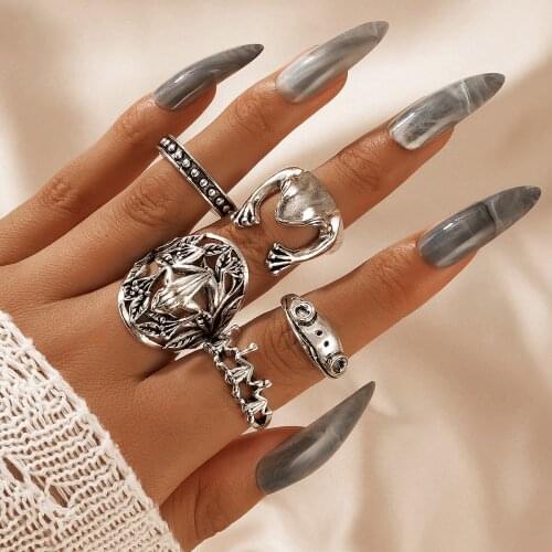 Docona 5pcs/set Vintage Silver Color Frog Cute Rings for Women Animal Geometry Hollow Alloy Metal Ring Set Jewelry Anillo 19675
