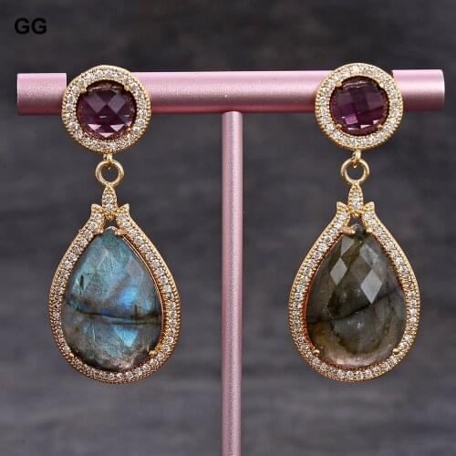 GuaiGuai Jewelry 19x29MM Natural Teardrop Flash Labradorite Purple Crystal Cz Pave Stud Earrings