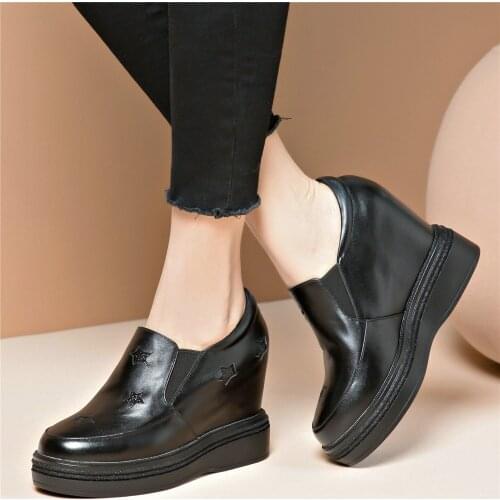 Fashion Sneakers Women Genuine Leather Wedges High Heel Pumps Shoes Female Round Toe Chunky Platform Oxfords Shoes Casual Shoes