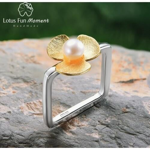 Lotus Fun Moment Real 925 Sterling Silver Natural Pearl Fashion Jewelry Square Ring Fresh Clover Flower Rings for Women Bijoux