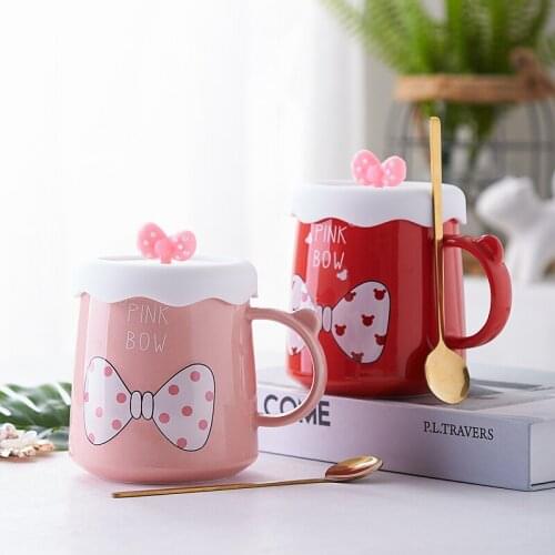 Sweet Bow Ceramic Water Bottle With Spoon For Girls INS Lovely Creative Candy Color Pink Mugs Milk Tea Coffee Water Cup