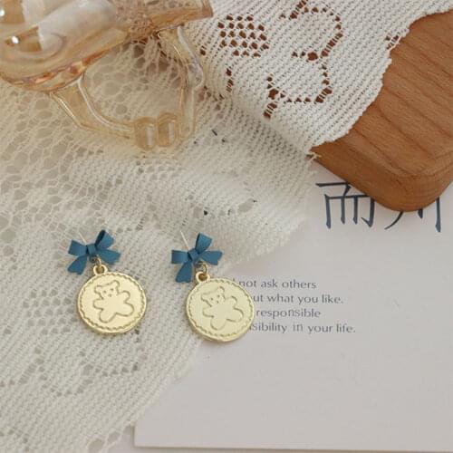 Cute Blue Bow Bear Temperament Earrings for Women Summer Korean Fashion Bowknot Dating Jewelry 2021 Trend Friends Gift M4