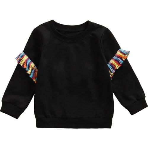 2021 2-7Y Toddler Girls Sweatshirt Colorful Tassels Black Solid Round Neck Long Sleeve Top Pullovers Casual Fall Kids Clothes