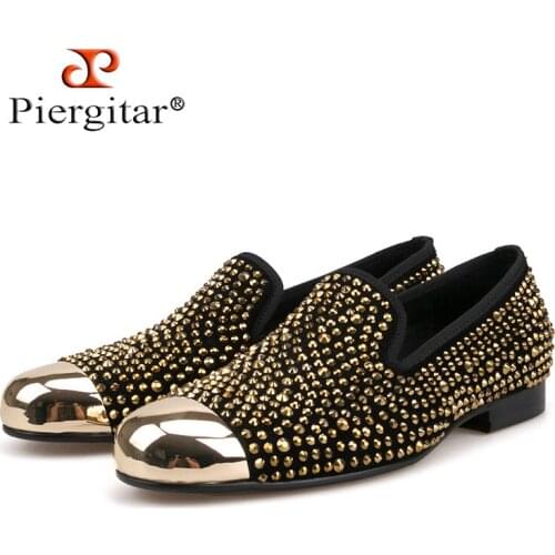 Piergitar 2018 gold toe and gold crystal men loafers men fashion leather slippers party and wedding men dress shoes mens flats