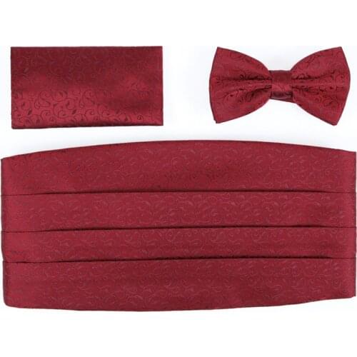 New Men Dress Girdle+Bow Tie+Square Towel Handkerchief Gravata Borboleta Men Wedding Party Girdles Bowtie Burgundy Gift Box