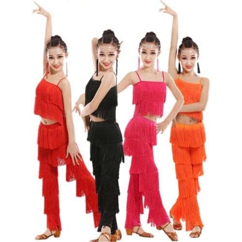 Latin Dance Dress For Kids Girls Adult Ballroom Tassel Fringe Tops Pants Salsa Samba Costume Children Dance Competition Costume