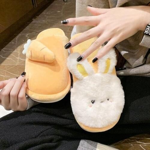 Womens Shoes 2021 Hairy Baotou Half Slippers Female Fashion Flat Bow Home Cotton Slippers Furry Slides for Women Plush Slippers