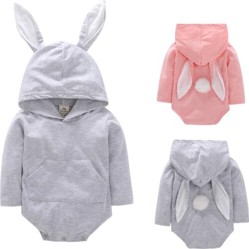Spring Autumn Baby Girl Hooded Bodysuit Bunny Ear Cute Pocket Warm Casual Clothes Toddler Newborn Baby Girl 0-24M