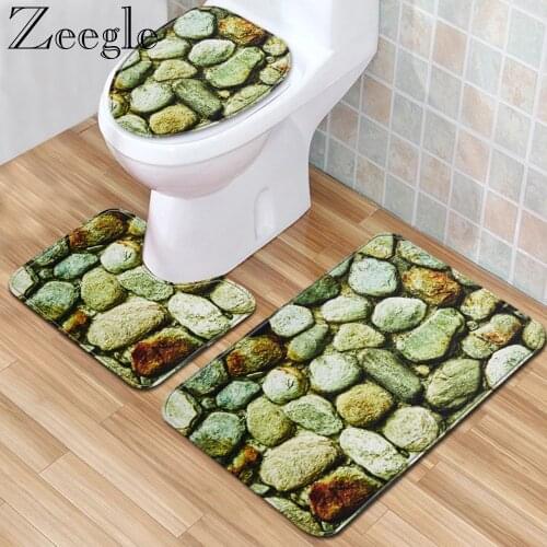 Zeegle 3Pcs Bathroom Carpet Set Non-slip Bath Mat Set Shower Mat 3D Stone Printed Absorbent Foot Rug Toilet Carpet
