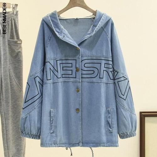 Women Clothing Jacket Plus Size 2021 Autumn New Show Thin Denim Hooded Printed Letters Coats