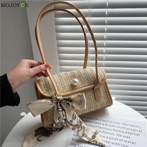 New Small Beach Handbags Women Summer Bags Vintage Woven Silk Scarf Underarm Bag Casual Women Pearl Small Handbags