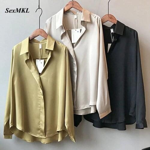 2021 Summer Spring Casual Blouse Women Fashion Long Sleeves Tops Korean Vintage Femme V Neck Shirts Elegant Sexy Silk Blouse