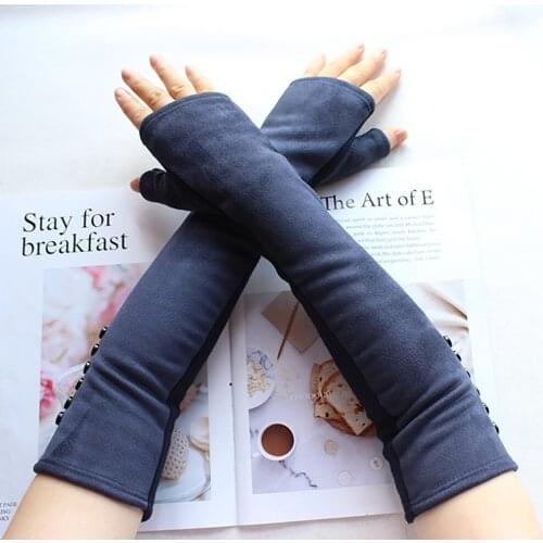 42cm Womens Long Knitted Gloves Cotton Button Style Suede Half Finger Stretch Velvet Lining Warm Arm Sets