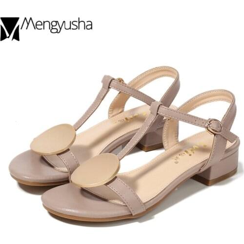 Famous Brand comfy sandalias mujer 2019 metal round buckle t-strap thick heels sandals summer elegant flip flops shoes woman new