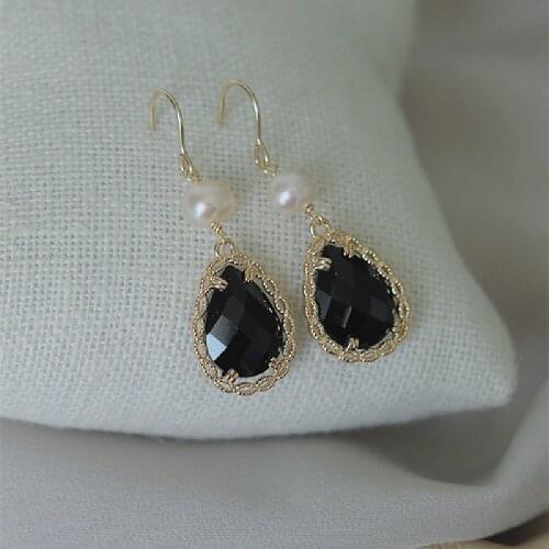 Vintage Black Zircon Freshwater Pearl Stud Earrings for Women Palace Lace 14K Gold Filled 925 Sterling Silver Wedding Jewelry