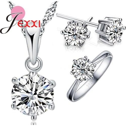 Womans Birthday Gift Wedding Jewelry Set Fashion 925 Sterling Silver Crystal Necklace Ring Earring 3 pcs/set Free Shipping