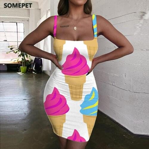 SOMEPET Ice Cream Dresses Women Painting Bodycon Dress Art Sundress Harajuku Halter Sleeveless Womens Clothing Plus Size Vintage